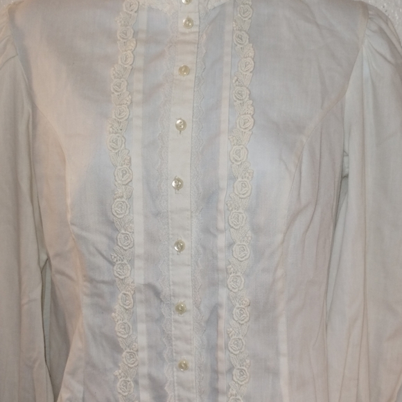 GUNNIES San Francisco Blouse Cream Off White Button Up Lace Ribbon High Collar - Picture 10 of 14